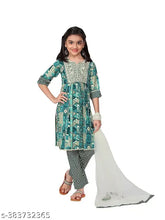 Embroidered printed cotton kurta bottom set with net dupatta for girls, single size 8-12 years, elegant traditional Indian fashion