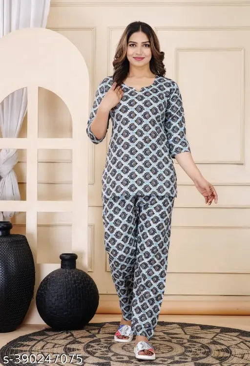 Rayon printed night suit top and pyjama set by Yashvi, floral all-over design, 3/4 sleeves, comfortable for sleep