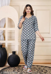 Rayon printed night suit top and pyjama set by Yashvi, floral all-over design, 3/4 sleeves, comfortable for sleep