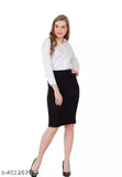High-quality polyester midi pencil skirt for women, stretchable and elasticated waistband. Available in multiple sizes from 26 to 36 inches. Indian origin