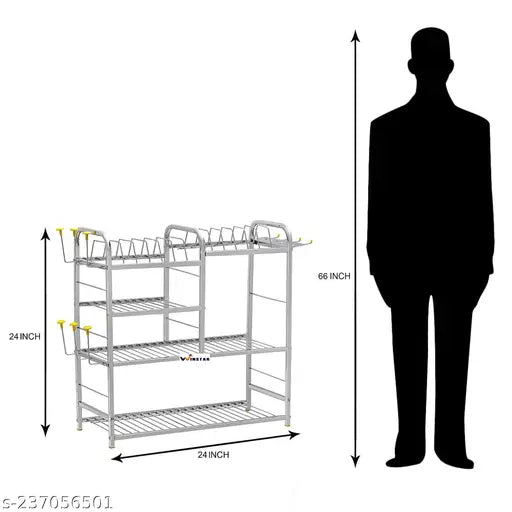 Stainless steel modular kitchen rack, 4 shelves, dish rack with plate & cutlery stand, 1 spoon and 2 glass holders, 24 x 24 inches upper plate design