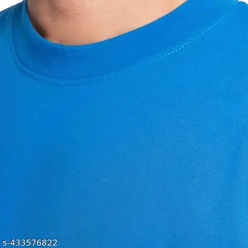 Royal blue unisex oversized cotton blend t-shirt with printed net design, three-quarter sleeves, size S (44in chest, 29in length)