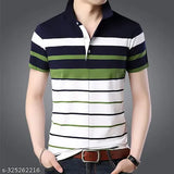 Cotton blend, horizontal stripes polo t-shirt for men, printed pattern on short sleeves