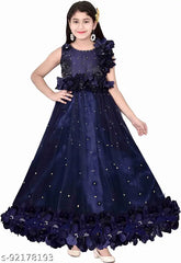 Navy Blue Embellished Net Gown for Girls Party Wear, Trendy and Fancy Dress for Baby Girls from India