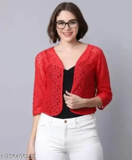 Premium red nylon three-quarter sleeve shrug, self-design net fashion accessory for women, India origin