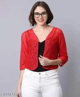 Premium red nylon three-quarter sleeve shrug, self-design net fashion accessory for women, India origin