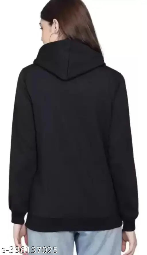 Black BTS printed fleece hoodie for women, long sleeves with band logo on front