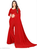 Red Georgette saree with matching running blouse, traditional Indian fashion in solid pattern