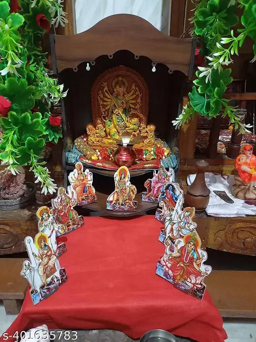 Handcrafted Nav Durga MDF deity set (9 pieces, 6 inch), perfect for home temple or office decoration during Navratri