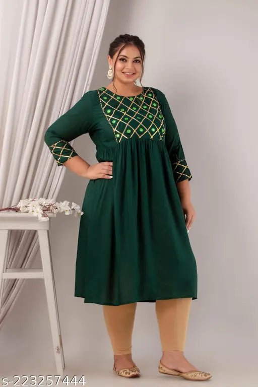 Rayon A-Line long kurti with Gota work, solid color and three-quarter sleeves. Indian handcrafted rayon kurti for women, length 46 inches, available in sizes S-36, M-38, L-40, XL-42, 2XL-44, 3XL-46, 4XL-48, 5XL-50