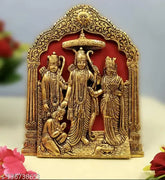 Gold-metal Ram Darbar with Hanuman for Pooja - Religious home decor, festive idols & figurine sculpture statue, Lord Ram, Lord Laxman, Goddess Sita and Lord Hanuman (21.5x17 cm)