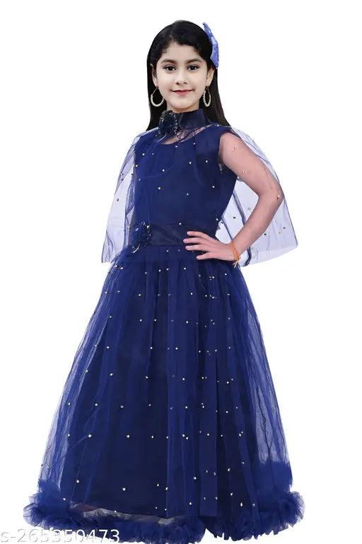 Girls navy blue net frock dress, single pack, size 3-14 years, printed net, made by AN Nasr Garments, India