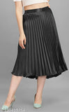 Satin pleated midi skirt for women, solid color, elastic waist, Indian wedding-friendly, size 28-Free