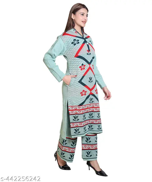 Woolen warm ladies suits set (single, free size): three-quarter sleeve Kurta with Palazzos, printed net design, winter wear
