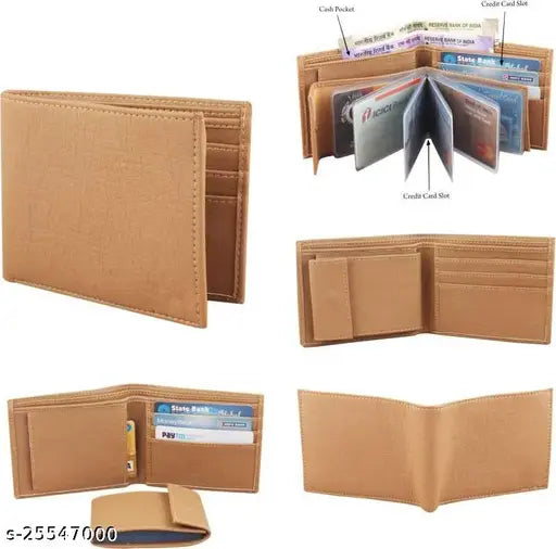 Fashionable Latest Men's Leatherette Wallet - Solid, 5 compartment, compact, durable, bi-fold wallet with additional card slots, free size (11cm x 9cm), made in India
