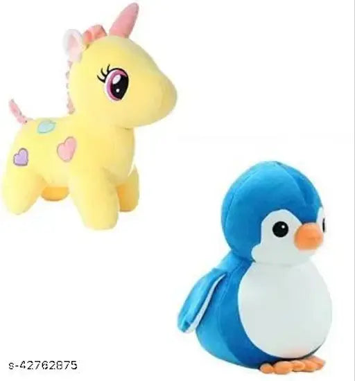 Fiber net unisex soft toys, funky design for kids (unicorn, penguin), made in India (yellow, blue, 28 cm)