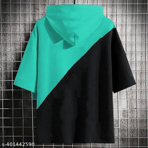 Men's colorblocked art silk half sleeves summer hoodie, short sleeves, size M (38 in chest), made in India