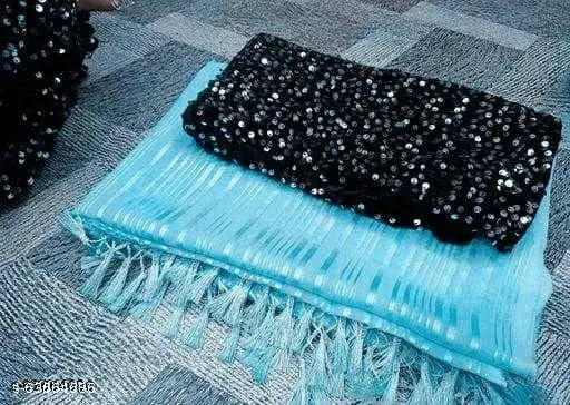 Chiffon saree with self-design sequence net pattern in free size (5.5m length), Indian-made WAITLESS fabric featuring separate velvet blouse piece (0.8m length)
