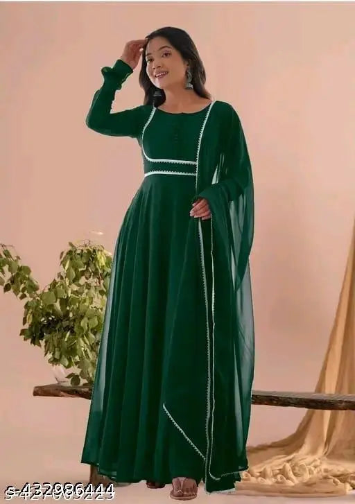 Georgette lace kurta, solid-patterned Indian long-sleeved dress with matching dupatta