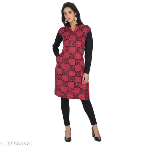 Woolen printed combo kurta for women, long sleeves, trendy style from India (M - bust 30in, L - bust 32in, XL - bust 34in)