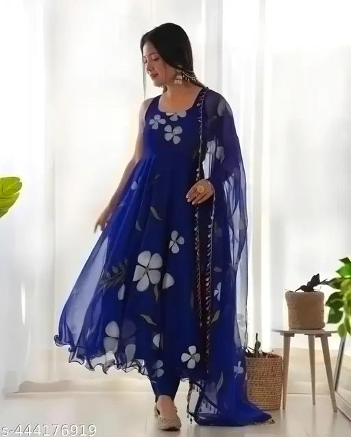 Georgette sleeveless printed net fancy glamorous women's gown, high-quality Indian ethnic wear for weddings and parties