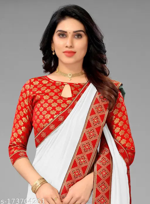 White Vichitra Silk Swastik Saree with Jacquard pattern, perfect for festivals and casual wear. Single saree length 5.5m, free size