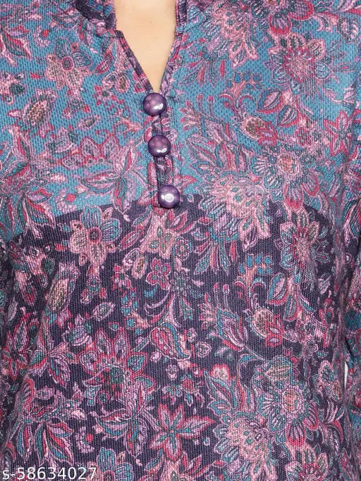 Blue wool A-line printed kurti for women, long sleeves, premium quality fabric, suitable for work, home, parties, vacations, and casual events