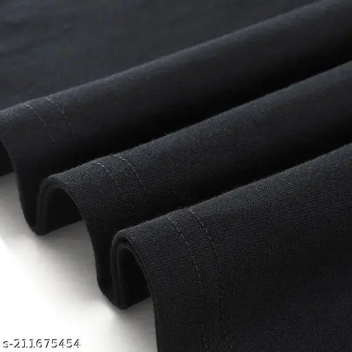 Plain black cotton blend oversized 3/4 sleeve t-shirt for women, comfortable and fashionable casual wear