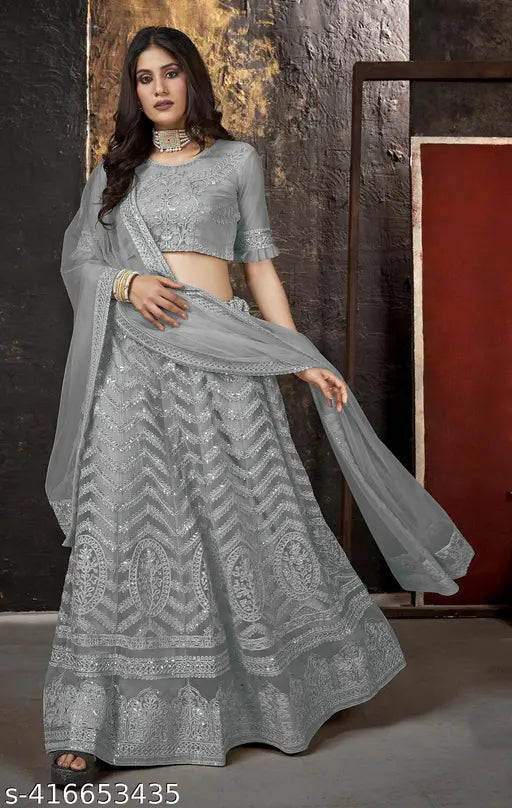Grey embroidered, sequinned semi-stitched Lehenga Choli & Dupatta (India), free size, net fabric, round neck, short sleeves, flared hem