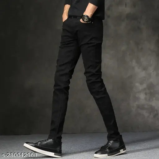 RusticBLOOMS men's mid-rise black polycotton jeans, stylish fit with a solid pattern, available in sizes 26-32