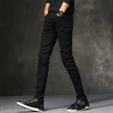 RusticBLOOMS men's mid-rise black polycotton jeans, stylish fit with a solid pattern, available in sizes 26-32
