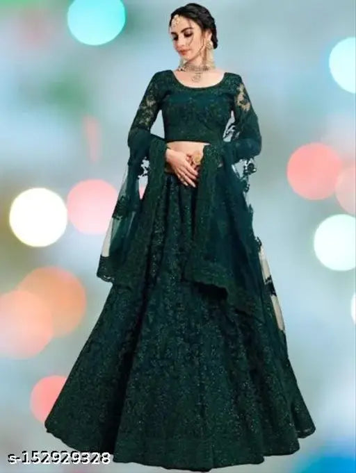 Janu fab modern net embroidered semi-stitched bridal lehenga, choli, and dupatta set for women