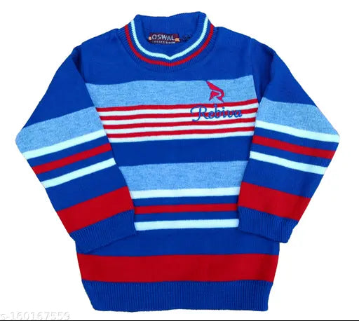 Navy blue woolen sweater set with full sleeves, round neck, and multicolor stripes for a comfortable fit and warm style