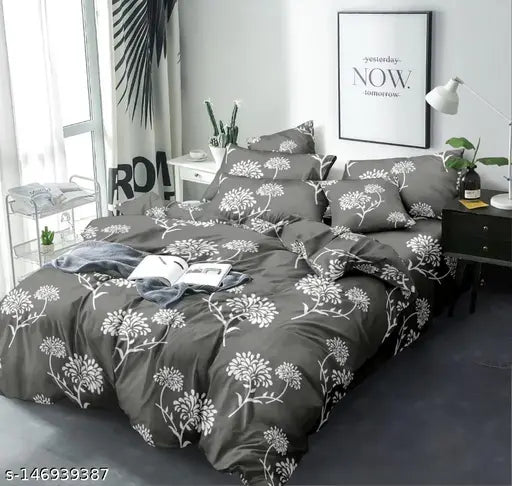 White botanical-patterned cotton flat sheets for double queen size bed - ideal for adults in summer, made in India