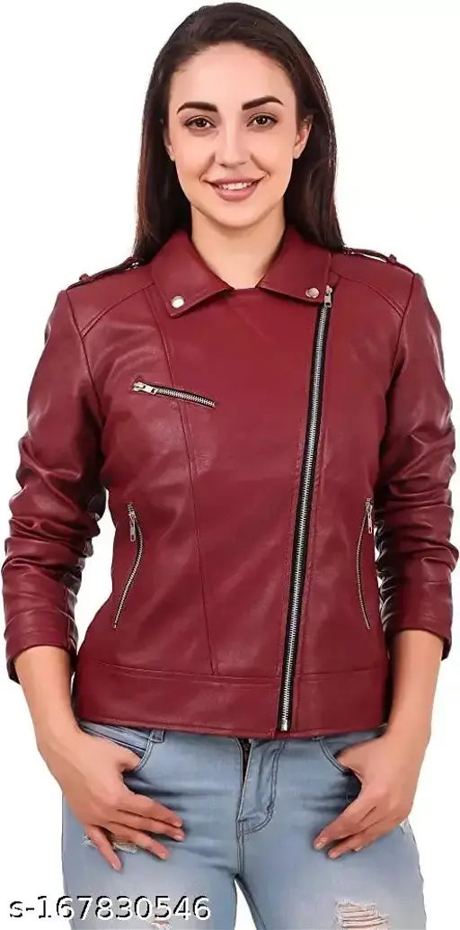 Cherry faux leather jacket for women, solid color and long sleeves, women's fashion accessory from India