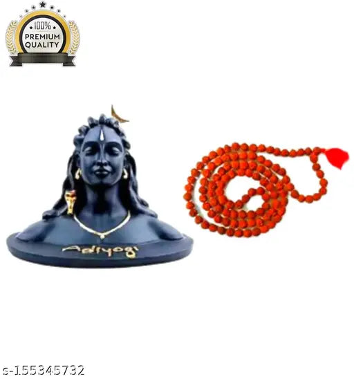 Black Rudraksha Mala Adiyogi Shiva Statue, Indian religious art for home & office decor