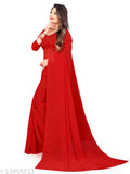 Georgette red saree with running blouse, solid pattern, free size, India origin