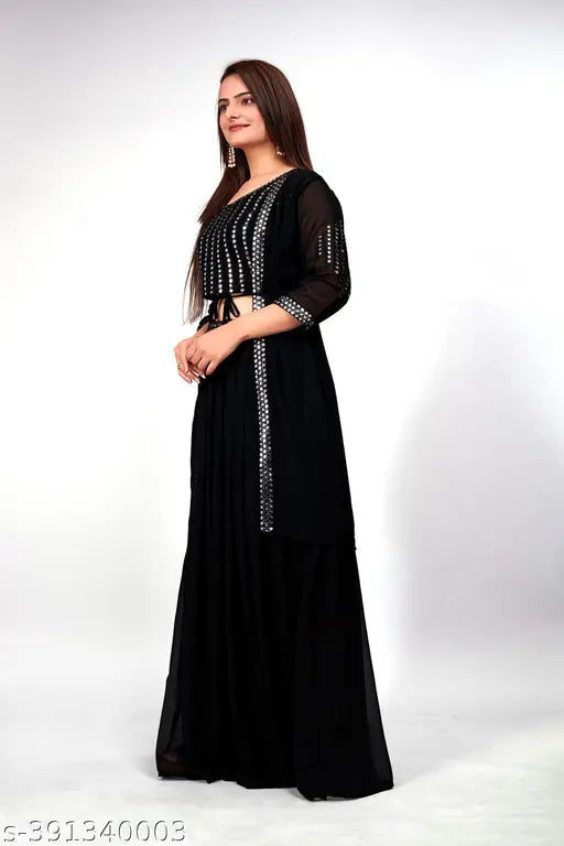 Black georgette lehenga set with crop top and shrug, embroidery work, women's ethnic wear for festivals or weddings