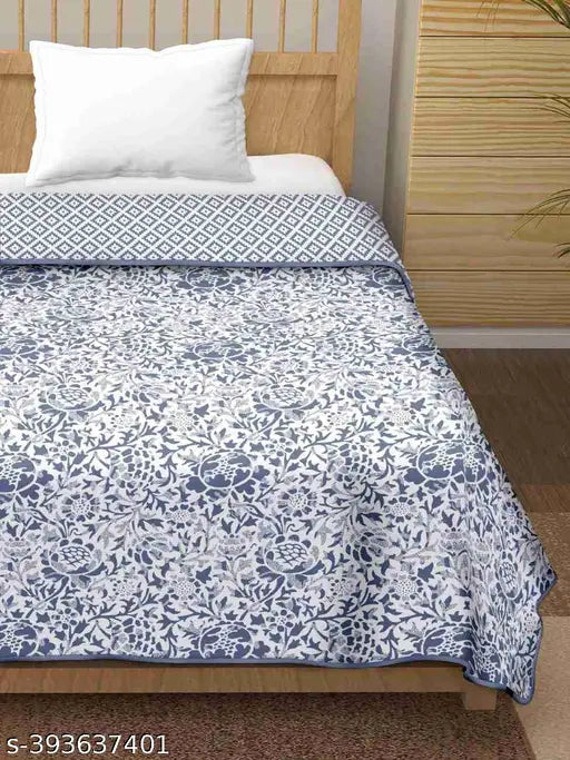Floral print, 3-layer mulmul feel pure cotton reversible single bed dohar quilt/blanket (60x100), premium quality hand block printed, elegant & stylish bedroom decor