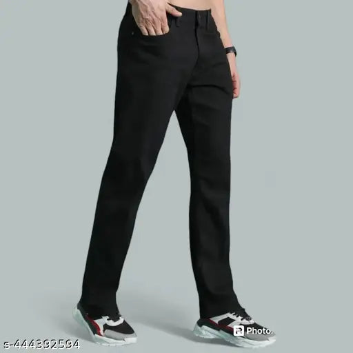 Straight black cotton blend jeans for men, five pocket design, machine washable, stretchable, made in India