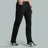 Straight black cotton blend jeans for men, five pocket design, machine washable, stretchable, made in India