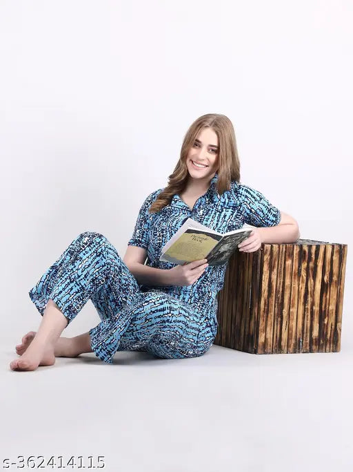 Sky blue rayon printed night suit with short sleeves, featuring multiple sizes for a perfect fit