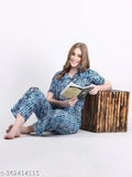 Sky blue rayon printed night suit with short sleeves, featuring multiple sizes for a perfect fit