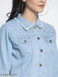 Denim self-design net waistcoat for women, fashionable three-quarter sleeves jacket from India