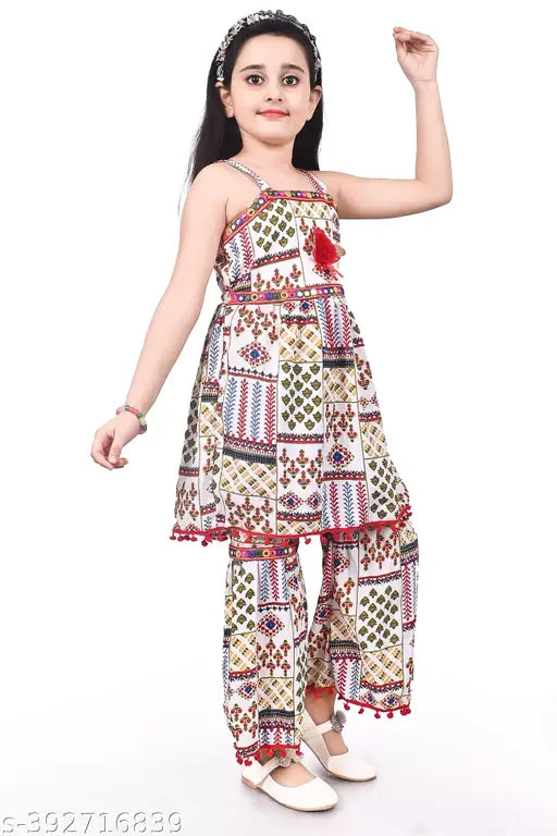 White cotton blend colorblocked Rajasthani printed top with palazzo and matching dupatta, traditional Indian attire for girls aged 1-7 years