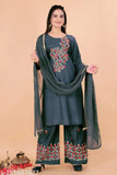 Rayon petite women's kurta with churidar, embroidered and embellished for traditional elegance