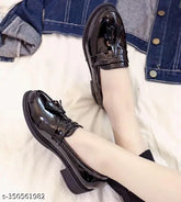 Black synthetic loafers for girls, PU sole, lace-up design, fashionable metallic buckle detail - Missas India
