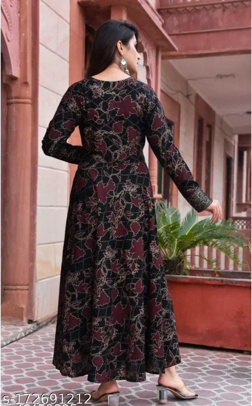 Rayon black Anarkali long kurta with printed combo, three-quarter sleeves - Indian party wear for women