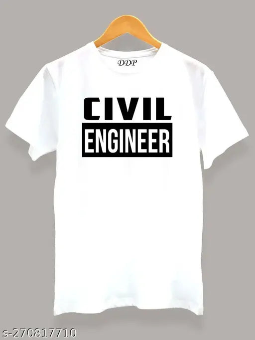 Trendy white polycotton civil engineer t-shirt for casual/formal occasions, printed design enhances look and ensures comfort. Lightweight dry fit fabric wicks sweat away and regulates body temperature. Men's round neck t-shirt, suitable for any ambience. Made in India