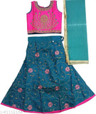 Taffeta silk lehenga-choli set for kids, embroidered with zari and diamond work, short sleeves, net dupatta with lace, ready-to-wear, Indian origin